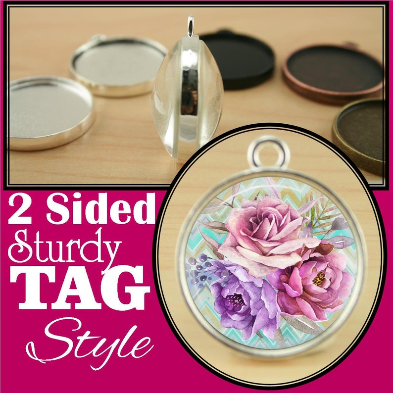 10 STURDY TAG Style 25mm Pendant, Two Sided, Double Sided, Round Alloy. Optional Glass 20, Seals 20 or 40 Offered. Black is available image 2