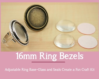 Sampler Kit - 5- 16mm ROUND Alloy Ring Bezel Tray and Optional Glass (5) and Adhesive Craft Seals (5 or 10)  Adjustable Ring Base. Craft Kit