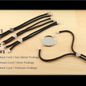 May include: An assortment of jewelry-making supplies, including black and brown cords with metal findings. The image displays several cord styles, with options like gun metal, silver, and platinum finishes. A round, silver-toned bezel tray is also present.