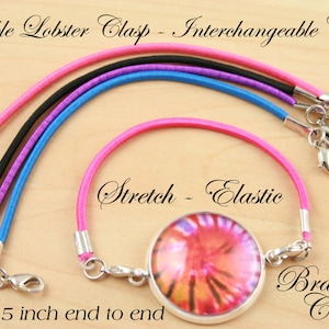May include: Five different colors of elastic stretch bracelet cords with silver lobster clasps. The cords are pink, black, blue, purple, and pink. The text "Double Lobster Clasp - Interchangeable Cords" is at the top of the image. The text "Stretch - Elastic" is in the middle of the image. The text "Approx. 5 inch end to end" is at the bottom left of the image. The text "Bracelet Cords" is at the bottom right of the image.
