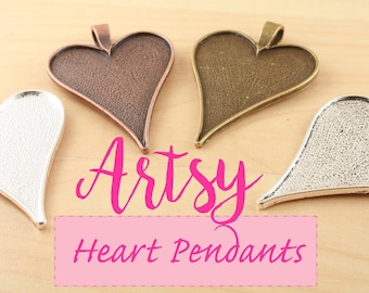 5 Artsy Heart Pendant Trays - 2 inch Length Bail-Tip. ~35mmx50mm. Silver, Copper,  Bronze, Antique Silver.