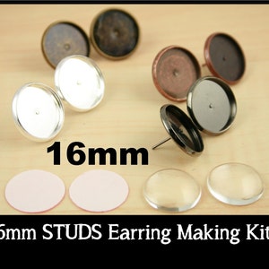 May include: A set of 16mm earring making supplies. The kit includes clear glass cabochons, silver-toned earring settings, and blank earring pads. 16mm STUDS Earring Making Kit.