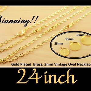 May include: Gold plated brass chain necklace, 24 inches long. Three gold-toned oval pendant trays are shown, measuring 25mm, 30mm, and 38mm in diameter.