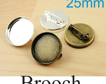 25 Brooch Pin - 25mm CUP Style Bezel Tray. Platinum or Bronze.Optional 25 FLAT Glass and Seals 25 or 50 count. Brass. Ships from USA