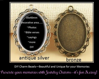 10 Decorative Lacey FILIGREE Edge OVAL Pendant Trays - 30mm x 40mm Oval. Bronze, Antique Silver, Silver, Gold