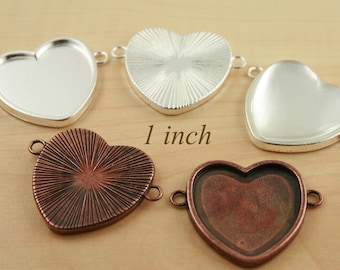 20 - Final Sale - Tarnishing SILVER Only Blank 1 inch Heart Pendant and BRACELET Trays with Link Connectors. 25 mm