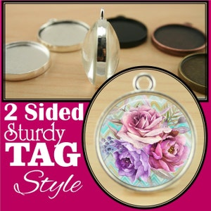 May include: A silver two-sided pendant with a round glass insert. The glass insert features a watercolor floral design with pink and purple roses on a turquoise and gold chevron background. The pendant is labeled "2 Sided Sturdy TAG Style".