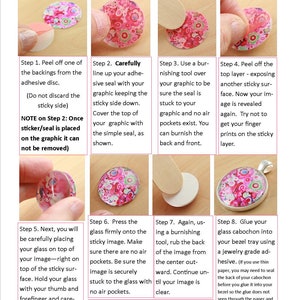 May include: Step-by-step instructions for using simple seals with glass cabochons. The instructions include images of each step, showing how to peel off the backing, align the seal, burnish the edges, and glue the cabochon into a bezel tray. The text includes a note to test the material first.