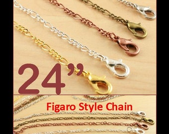 New -10 FIGARO Chains with lobster clasps -Delicate Style Links. Gold, Silver, Antique Copper, Bronze, Platinum tone - 24 inch Necklace. 2mm