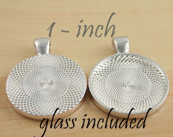 25 SETS Photo Tray and Glass - Round  Shiny Silver Plated Bezels Settings 25 mm Pendant Charms