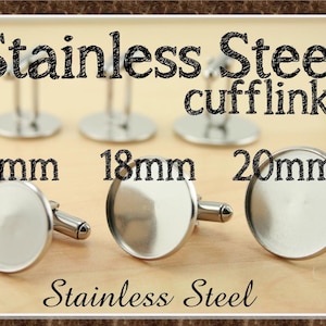 May include: Three pairs of stainless steel cufflinks in different sizes: 16mm, 18mm, and 20mm. The cufflinks are round and have a smooth, polished finish.