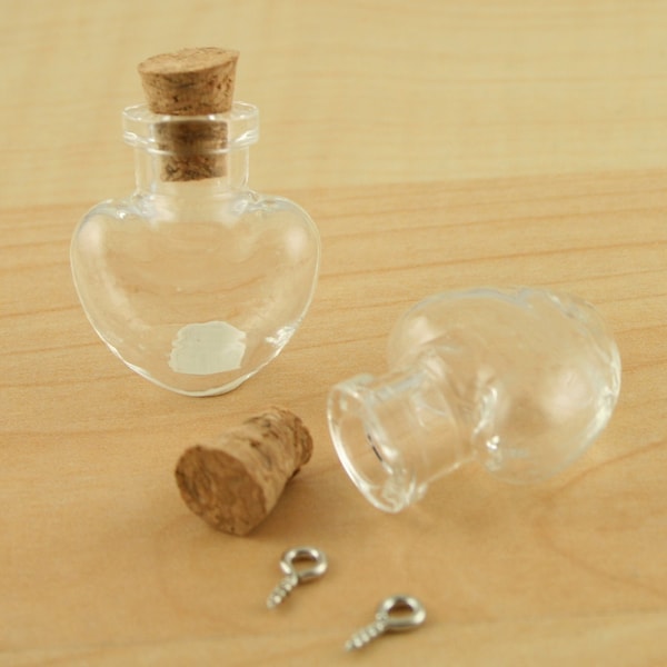 Dainty Glass DIY Hanging HEART Wish Bottle, Hollow. Cork and Loop. Great for Earrings or Charms. Fillable. Clear. Sold by the kit of 1.