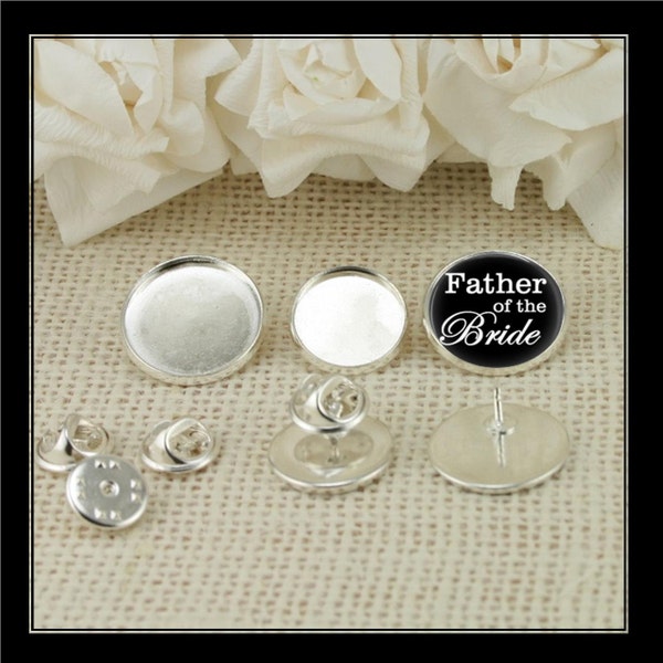 24 Tie Tack Brooch Pin 16mm, 18mm or 20mm Bezel Blank, Wedding, Father of the Bride. DIY. Optional Glass (24) Adhesive Stickers (24 or 48)