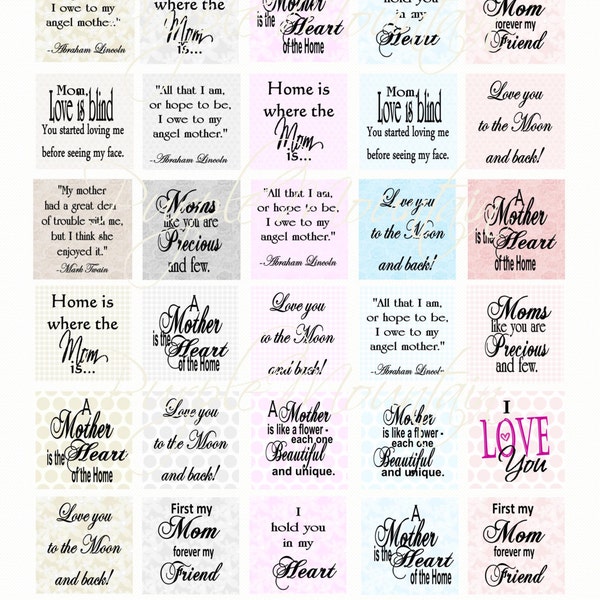 1 Inch and 35mm SQUARE Mother, Mom, Pastel - 2 Sheets, Inspirational Quotes, Sayings,  Instant Digital Download Collage Graphic 8.5x11