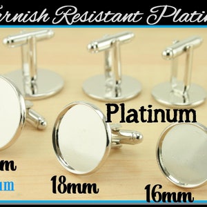 May include: Three silver cufflinks with round, clear glass inserts. The cufflinks are 20mm, 18mm, and 16mm in diameter. The text "Tarnish Resistant Platinum" is at the top of the image. The text "Platinum" is in the center of the image. The text "Platinum" is at the bottom of the image.
