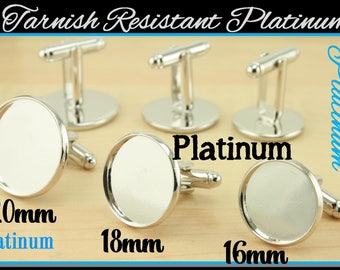 100 - Pick from 16mm, 18mm,20mm PLATINUM Tone, Shiny Platina CuffLinks. (50 Pair)Optional GLASS(100) Adhesive Seals(100 or 200) Brass