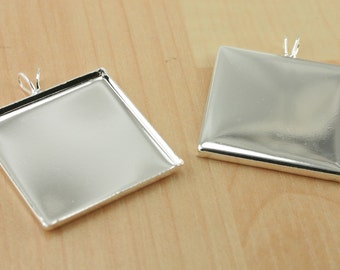 24 DIY Kit - 1 in THIN Square Pendant Trays (24), Matching Glass and Seals sold separately. Shiny Silver Plated BRASS Settings