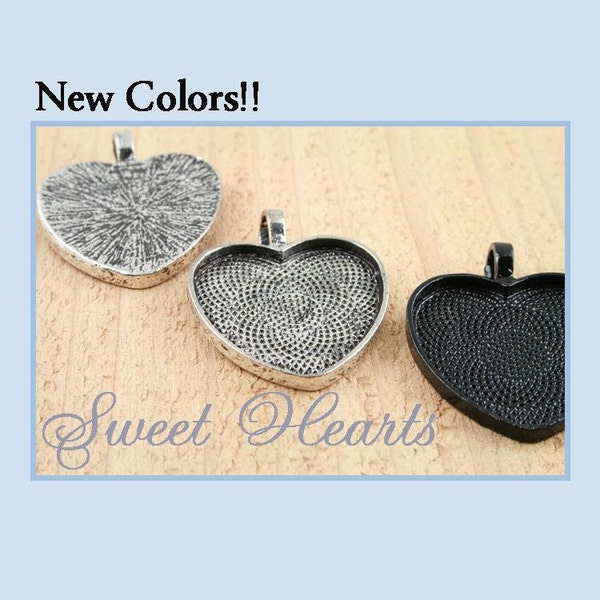 20 Heart Pendants. Optional Glass Domes, Classic Chains, Adhesive Craft Seals. Antique Silver, Black, Silver, Bronze, Copper  DIY Craft Kit