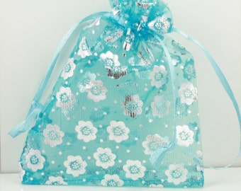 16 Organza Bags - Cute Turquoise with Shiny Silver Flowers shown or pick your quanties from the colors shown, 3X4 size, satin drawstring