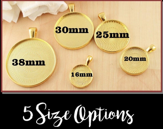 10 Blank Pendant Trays  - Round SHINY GOLD Alloy. 16mm, 20mm 25mm, 30mm, 38mm  - Pick your size