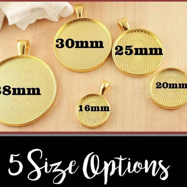 10 Blank Pendant Trays  - Round SHINY GOLD Alloy. 16mm, 20mm 25mm, 30mm, 38mm  - Pick your size