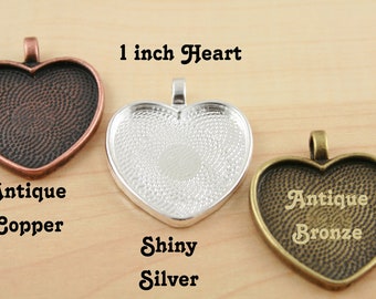 20 Blank 1 inch Heart Pendant Trays -  Heart  Shiny Silver Plated or Antique Bronze or Antique Copper Bezels Settings 25 mm Photos Charms