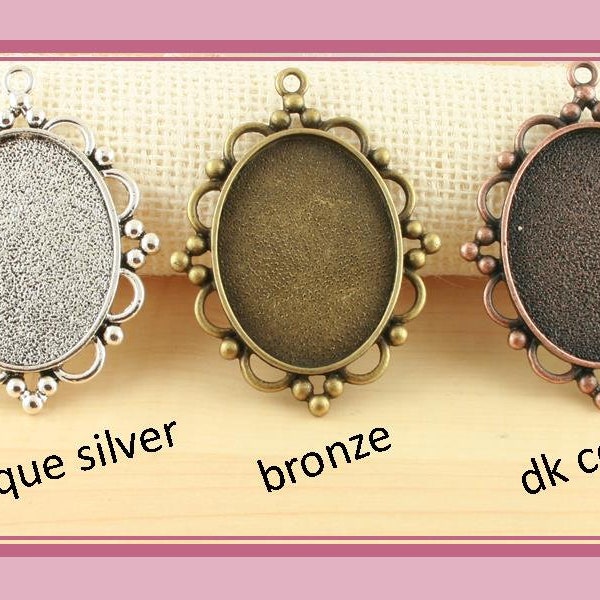 10 Decorative Lacey BEADED Scallop Edge OVAL Pendant Trays - 30mm x 40mm Oval. Silver, Bronze, Antique Silver, Dark Copper