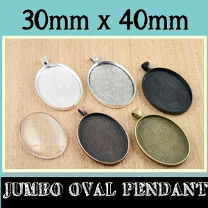 May include: Six oval pendant trays, 30mm x 40mm, in various finishes: silver, black, clear glass, copper, and antique gold.  JUMBO OVAL PENDANT is written below the trays.