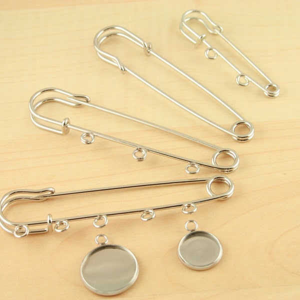 5 - Kilt Style Safety Pin Brooch Charm Holder. Wedding Bouquet Photo Charm Pin. Iron.  Platinum Tone. Asst Loop Options. Charms not included