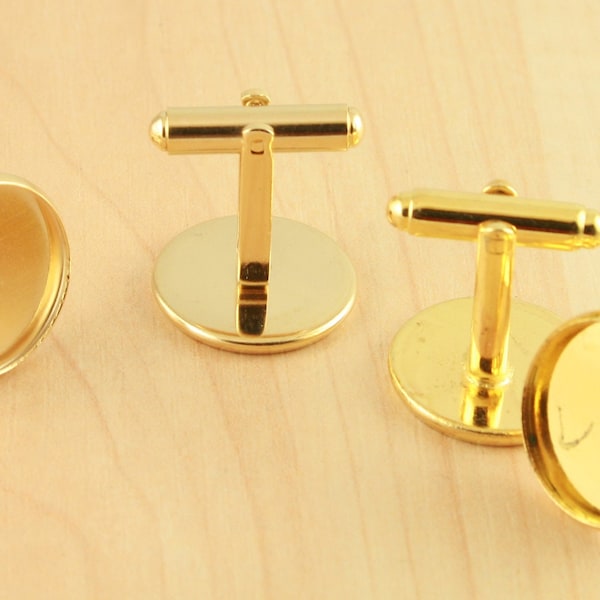 FINAL SALE 10 RECESSED Style 16mm Cuff Link Making Kit with Optional 10 Glass and 10 or 20 Seals - Gold , Makes 5 Pair of Cufflinks. Brass