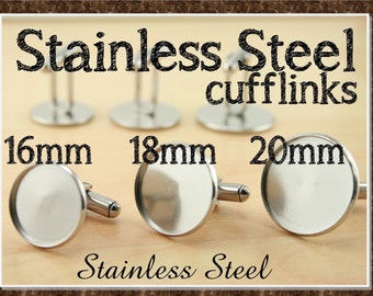 20 CUFFLINKS 16mm, 18mm,20mm Stainless Steel Cuff Links. (10 Pair) Optional GLASS(20) Adhesive Seals (20 or 40) These Won't Break