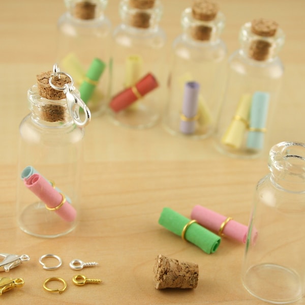 Dainty Glass DIY Hanging Scroll MESSAGE in a Bottle Wish Bottle, Hollow. Cork Cap. Great for Charms. Fillable. Clear. Sold by the kit of 1.