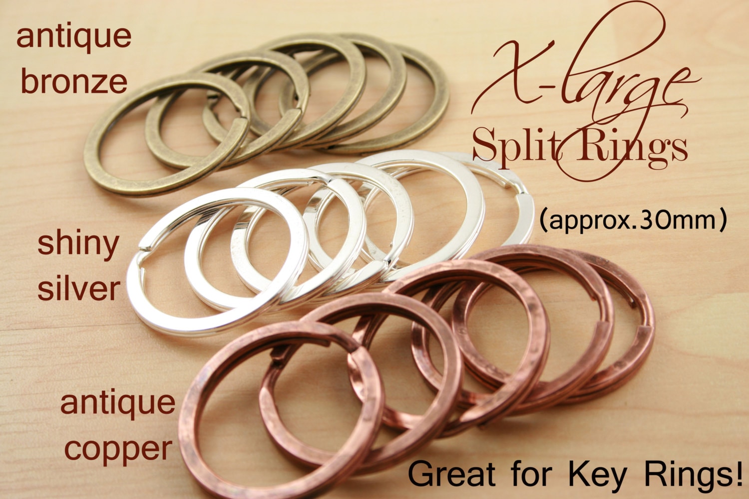 10 x 28mm Bronze, Silver or Gold Key Rings, Key Split Rings