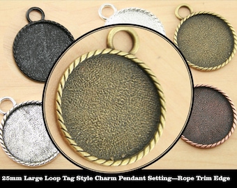 May include: Five 25mm round metal pendant settings with a rope trim edge. The settings are in silver, black, gold, copper, and antique brass.