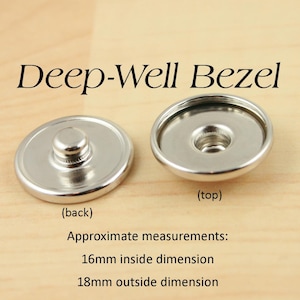 May include: Two silver-colored deep-well bezels, one showing the back and the other the top. The text "Deep-Well Bezel" is above the bezels. Approximate measurements: 16mm inside dimension, 18mm outside dimension.