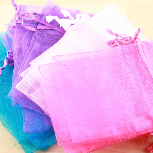 24 Organza Bags -Small assorted colors shown or pick your quantities from the colors shown, 2.5-4X4 size, satin drawstring