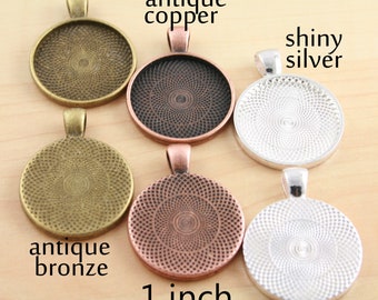 30 1 inch Pendant Trays  -  Round Settings 25 mm Photos Charms, 6 Color Options. Silver , Antique Pendant Tray, Black Pendant Tray