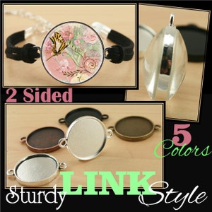 May include: Two-sided round blank cabochon bracelet with a black suede cord. The cabochon is 25mm in diameter and has a silver link style setting. The bracelet is shown with a floral design cabochon with a butterfly. Five colors are available for the setting.