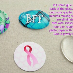 May include: Four round glass cabochons with different designs. The first cabochon has a green and purple swirl design. The second cabochon has a blue and white plaid design with the letters "BFF" in white. The third cabochon has a pink ribbon design. The fourth cabochon is clear.
