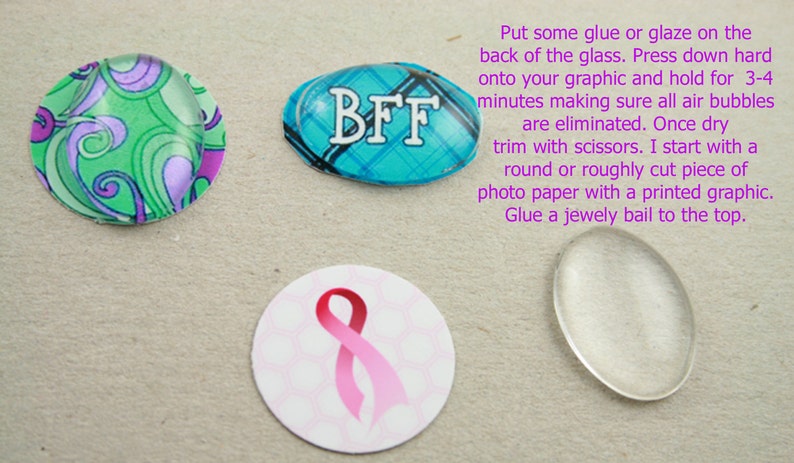 May include: Four round glass cabochons with different designs. The first cabochon has a green and purple swirl design. The second cabochon has a blue and white plaid design with the letters "BFF" in white. The third cabochon has a pink ribbon design. The fourth cabochon is clear.