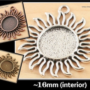 Sunny Sunshine Bezel Blank Charms (10), 16mm SEALS (10 or 20), Glass (10). Pick your supplies, Antique Silver, Copper or Bronze. Photo Craft