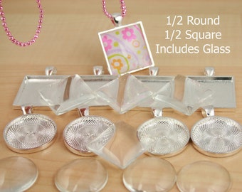 20 Chains with 20 Sets SILVER Trays with Glass  Assorted  U Pick ROUND or SQUARE Blank 1 inch Pendant Photo Charms