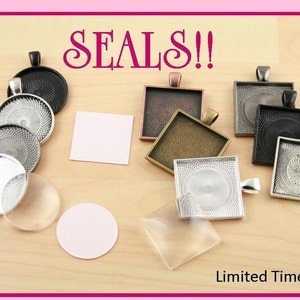 May include: Assortment of round and square metal pendant trays with a textured surface. The trays are silver, black, and bronze in color.  The text "SEALS!" is visible in the image.  Limited Time Offer.