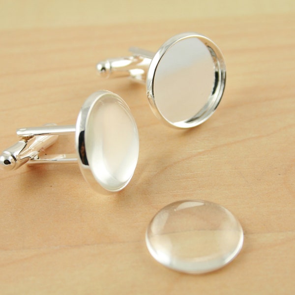 6 RECESSED Style 16mm Cuff Link Making Kit with Optional 6 GLASS and 6 or 12 Seals - Shiny Silver, Makes 3 Pair of Cufflinks