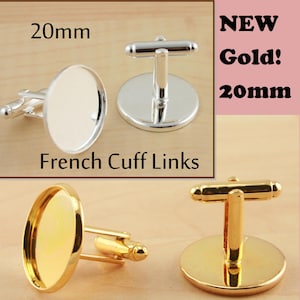 May include: Two pairs of 20mm French cuff links. One pair is silver with a round, blank, silver-toned base. The other pair is gold with a round, blank, gold-toned base.  The text "NEW Gold! 20mm" is in the upper right corner of the image.