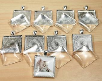 12 SETS. Blank 1 inch SQUARE Pendant Trays (12) and Glass Tile Sets (12) -  Shiny Silver Plated Settings 25 mm Photos Charms