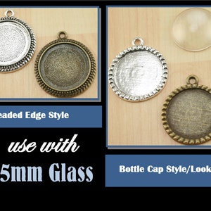 10 25mm Bottle Cap Style or Beaded Edge Black, Silver, Bronze, Copper Alloy Bezel Charm Tray, Optional Glass 10, Seals 10 or 20. image 3