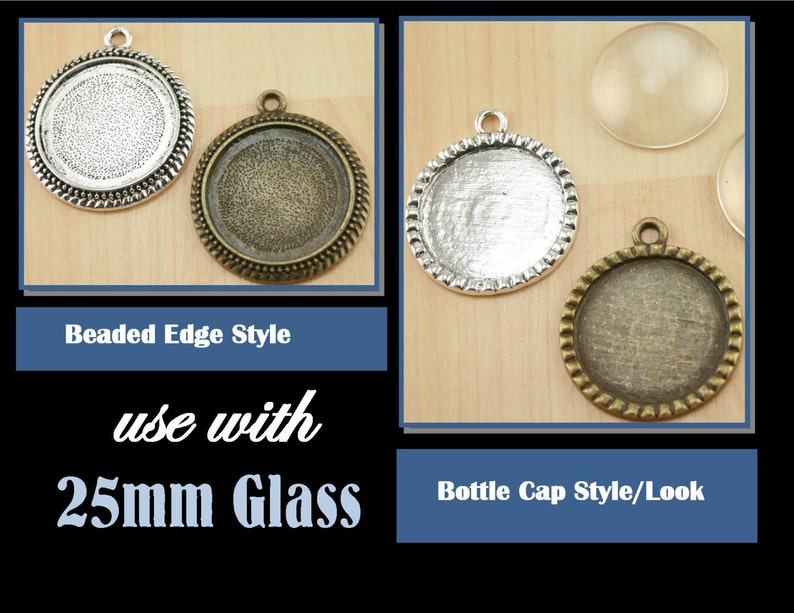 10 25mm Bottle Cap Style or Beaded Edge Black, Silver, Bronze, Copper Alloy Bezel Charm Tray, Optional Glass 10, Seals 10 or 20. image 3