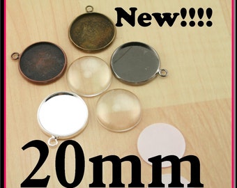 20mm New-24 DIY Bezel Earring Charm Drops- 20mm - Blank earring, charms, bracelets, pendants - Optional Glass, Seals (24 or 48). Lt Wt Brass
