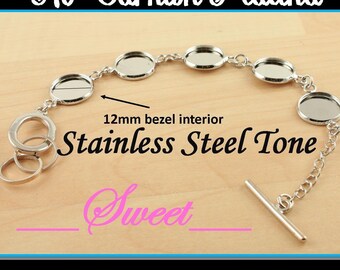 10 Bracelets, Optional 50 Glass, 12mm - PLATINUM Stainless Steel Tone Blank Bezel Link Photo Charm Bracelet  - Adjustable -Tarnish Resistant